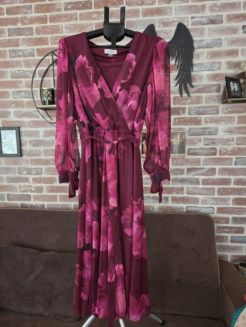 Calvin Klein Burgundy Maxi Dress with Pink Floral Print